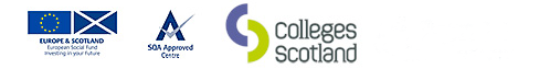 Logos for European Social Fund, SQA Approved Center, Colleges Scotland and Investors in People